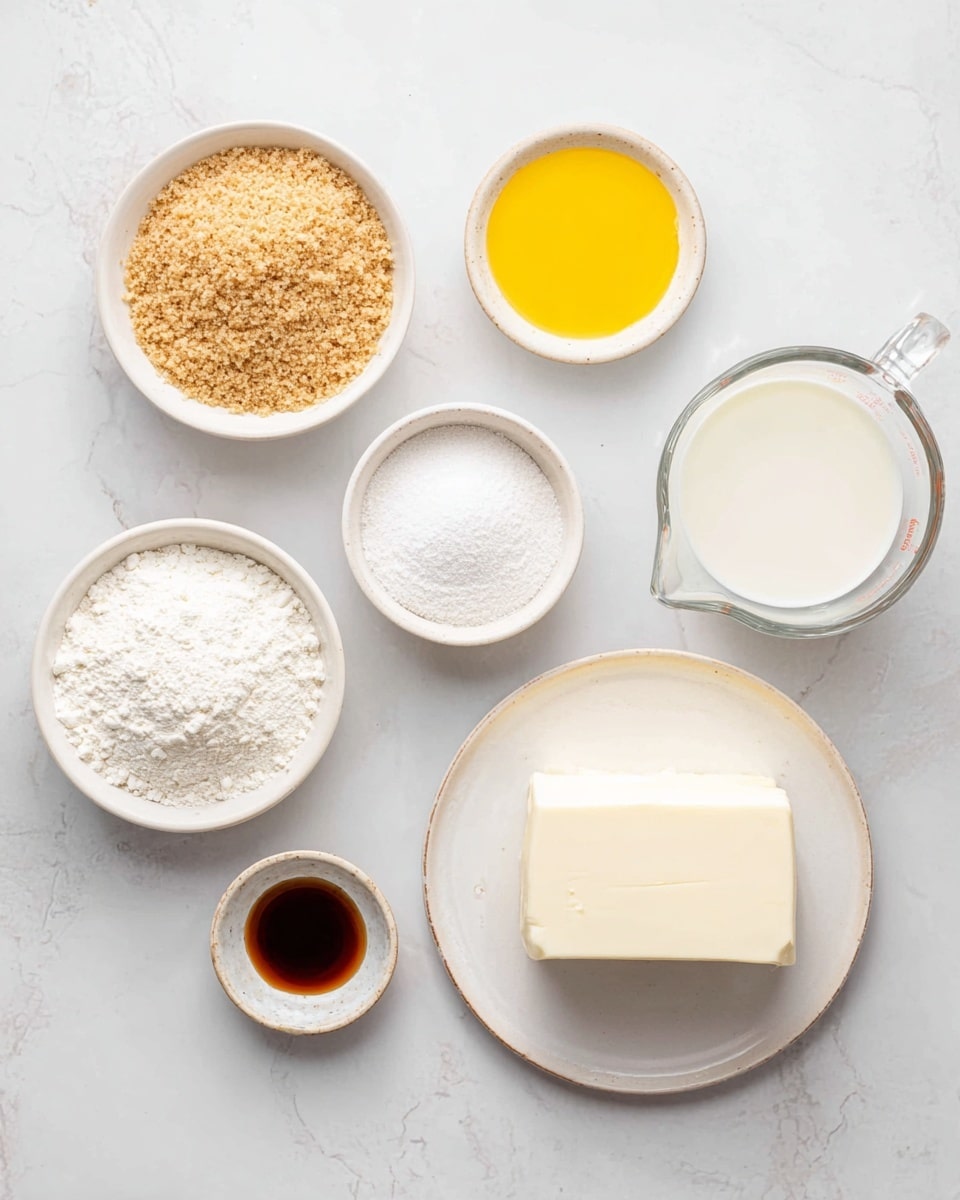 The image shows six small white bowls and plates arranged on a white marbled surface, each holding a different ingredient. Starting from the top left, there is a bowl of light brown crushed crumbs with a rough texture. Next to it, on the right, is a small bowl filled with bright yellow melted butter. To the right of that is a clear glass measuring cup containing a white creamy liquid. Below, on the left, there is a bowl full of fine white powder. At the center bottom is a white plate with a smooth, solid block of cream cheese, and to the right of it is another small bowl with a small amount of dark brown vanilla extract. The layout is clean and well spaced, with a bright and soft light enhancing the natural colors of the ingredients photo taken with an iphone --ar 4:5 --v 7