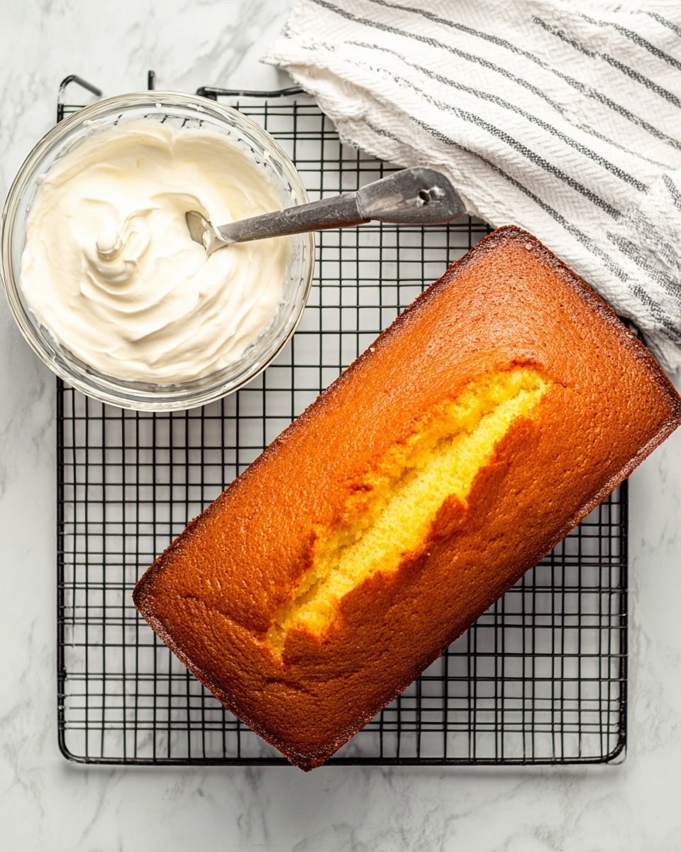 A rectangular golden brown loaf cake with a slightly cracked top, showing a bright yellow moist interior, sits on a black cooling rack over a white marbled surface. Next to the cake, on the left, is a small clear glass bowl filled with smooth white frosting, and a metal spatula with a black handle rests inside the bowl. A white cloth with thin gray stripes is partially visible on the top right corner. Photo taken with an iphone --ar 4:5 --v 7
