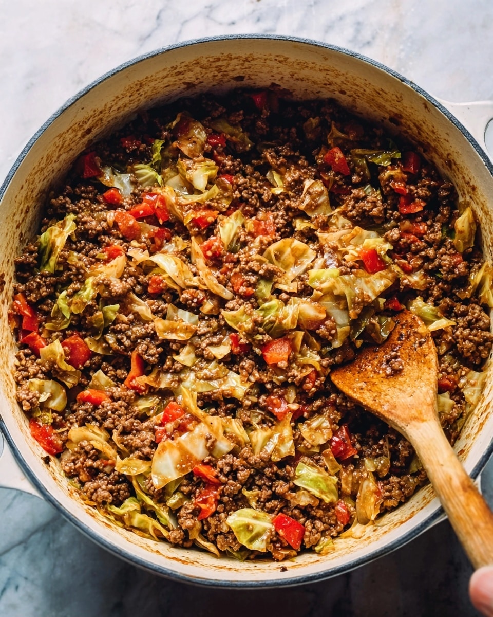 The image shows a large white pot filled with a cooked mix of ground meat, chopped red and green vegetables, and soft pieces of cabbage. The meat is brown and crumbly, spreading evenly through the dish. Bright red tomato pieces and green cabbage leaves are mixed in among the meat, creating a colorful contrast. The texture looks juicy and slightly oily, with some darker browned bits visible. A wooden spoon with some food on it rests on the right side inside the pot, and a woman's hand is holding the spoon. The background surface is a white marbled texture. photo taken with an iphone --ar 4:5 --v 7