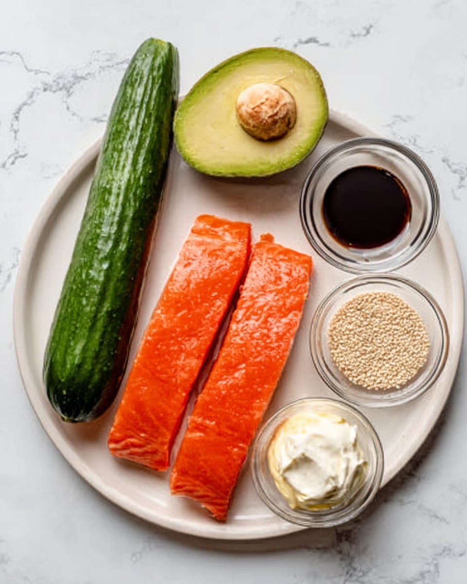 The image shows a white plate on a white marbled surface with six food items arranged around and on the plate. On the left side of the plate, three thick, rectangular salmon fillets with a bright orange color and smooth texture lie side by side. Above the plate, a half avocado with dark green skin, light green flesh, and a brown seed sits next to a long, dark green cucumber with smooth skin placed vertically. To the right on the plate, a small clear bowl of light brown sesame seeds, a small bowl of dark soy sauce, a bowl of white creamy sauce, and a portion of light yellow mayonnaise are all visible. The textures vary from smooth and shiny to creamy and seeded. The whole setting is tidy and brightly lit. Photo taken with an iphone --ar 4:5 --v 7
