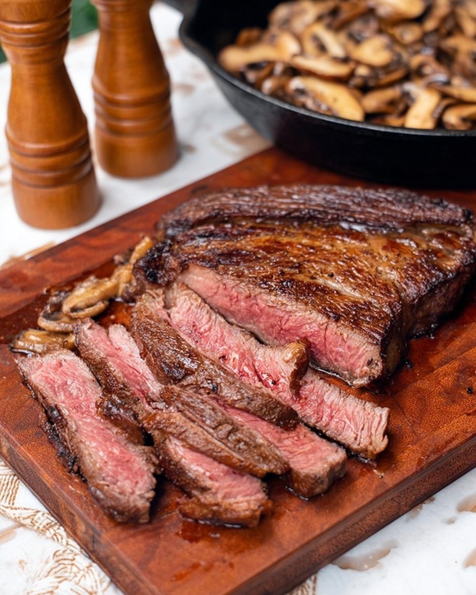 A wooden cutting board holds a large cooked steak with a browned, slightly crispy outer layer and a pink inner layer that is visible in the slices fanned out at the front. The steak's texture shows grill marks and juices on the surface. In the background, there is a black skillet filled with cooked mushroom pieces, varying in light and dark brown colors, placed on a white marbled surface. Two wooden pepper mills stand to the left side of the cutting board. Photo taken with an iphone --ar 4:5 --v 7