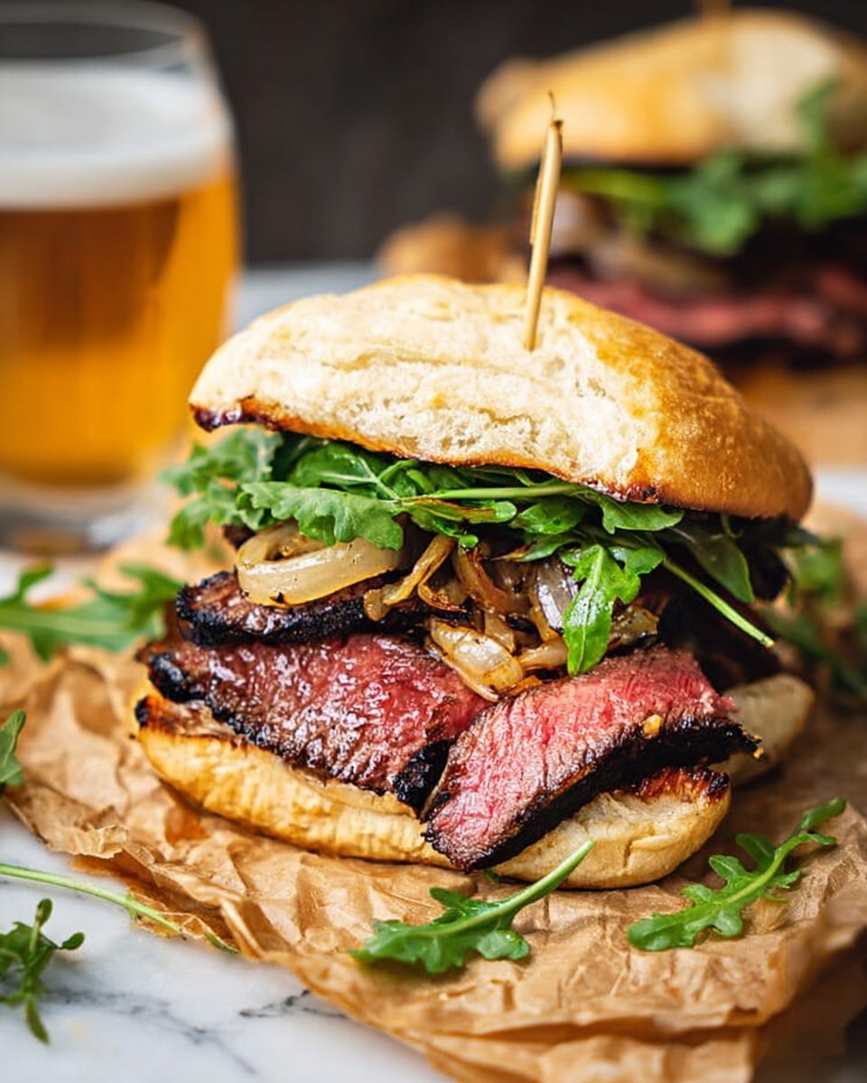 The image shows a sandwich with three layers inside a slightly toasted bun. The bottom layer is thick slices of grilled, medium-rare steak with a pink center and a dark grilled outer edge. Above the steak, there is a layer of cooked onions that look soft and slightly caramelized, with a golden-brown color. On top of that, there is a layer of fresh leafy arugula, bright green and slightly wilted. The top half of the bun, golden and lightly toasted, rests on the arugula, with a wooden toothpick holding the sandwich together. The sandwich is placed on crumpled brown parchment paper on a white marbled surface, with some arugula leaves scattered around. In the background, there are a glass of beer and another sandwich, slightly out of focus. Photo taken with an iphone --ar 4:5 --v 7