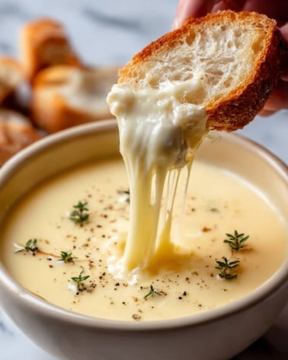 The image shows a close-up of a white bowl filled with creamy, light yellow cheese fondue. A piece of crusty white bread is lifted by a woman's hand, dipping into the cheese and stretching thick, smooth cheese strands back to the bowl. The surface of the fondue in the bowl is glossy and sprinkled with black pepper and small green thyme leaves, adding texture and subtle color contrast. The bowl is placed on a white marbled surface. Photo taken with an iphone --ar 4:5 --v 7