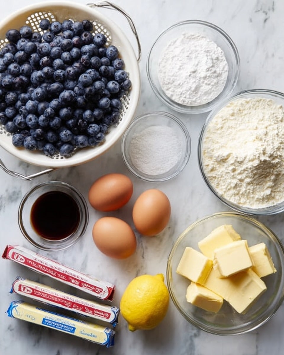 The image shows ingredients laid out on a white marbled surface. On the left, there is a white colander full of fresh dark blue blueberries. Below it, there is a clear glass bowl filled with white granulated sugar. Near the sugar, a small clear bowl contains white powder, likely baking powder or cornstarch. To the right, there are two brown eggs positioned above a small glass bowl with dark liquid, possibly vanilla extract. Below these, two sticks of butter with red and blue wrappers are placed horizontally with one stick partially unwrapped and cut into small rectangular pieces. To the far right, there is a clear glass bowl filled with white flour. A yellow lemon is placed between the flour bowl and the butter sticks. The overall arrangement is orderly and neat, with the focus on the ingredients. Photo taken with an iphone --ar 4:5 --v 7