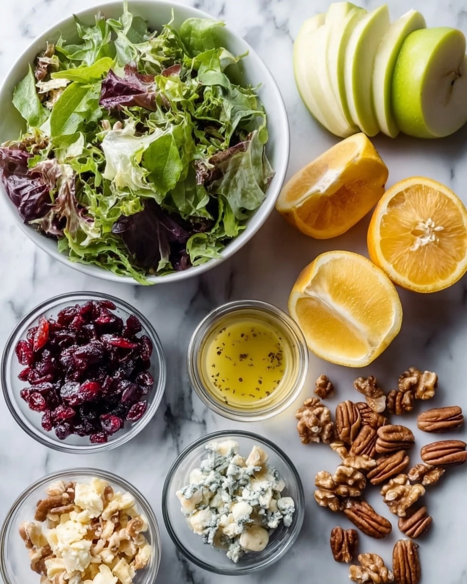 A white bowl filled with a mix of green and purple salad leaves occupies the top left part of the image on a white marbled surface. Around the bowl, various ingredients are spread: a sliced green apple with some slices stacked on the right and one half showing seeds in the middle; two halves of an orange and one whole lemon are placed on the right side near a small jar of light yellow dressing with visible herbs. Below the apple, there are whole walnuts scattered in a loose pile, next to a small bowl of creamy blue cheese with visible blue veins. On the bottom left, a bowl filled with dark red dried cranberries and a small bowl of light beige chopped nuts are present. Near the bottom right corner, a small amount of golden olive oil sits in a clear glass container. A woman's hand slightly touching the orange is visible on the right edge. Photo taken with an iphone --ar 4:5 --v 7