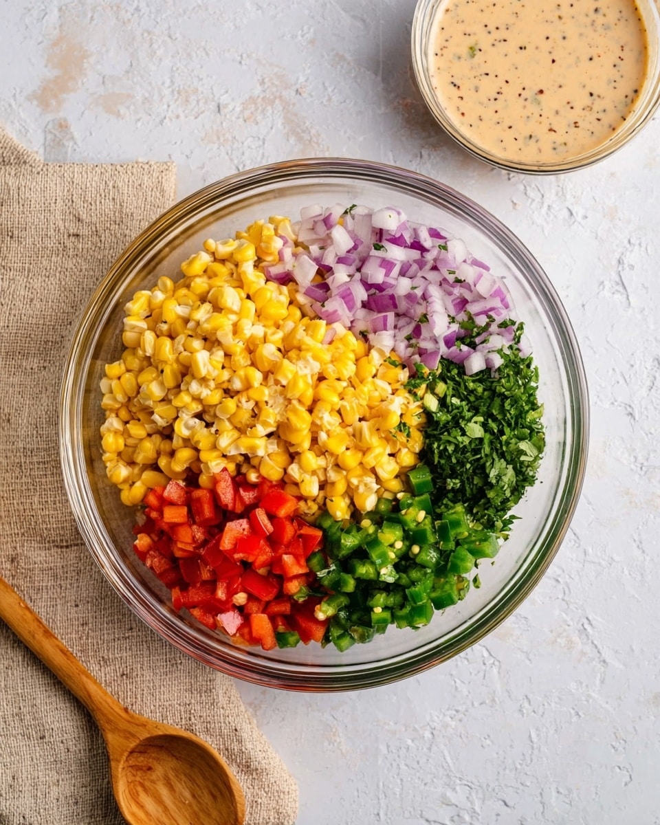 A clear glass bowl holds five separate layers of fresh chopped ingredients arranged side by side: bright yellow corn kernels with light char marks, small diced red bell peppers, finely chopped green jalapeños, chopped fresh green cilantro, and diced purple onions. Next to the bowl at the top right is a smaller clear glass bowl filled with a creamy light brown sauce with visible specks. On the bottom left, a wooden spoon rests on a beige textured cloth. The surface beneath everything is a white marbled texture. photo taken with an iphone --ar 4:5 --v 7