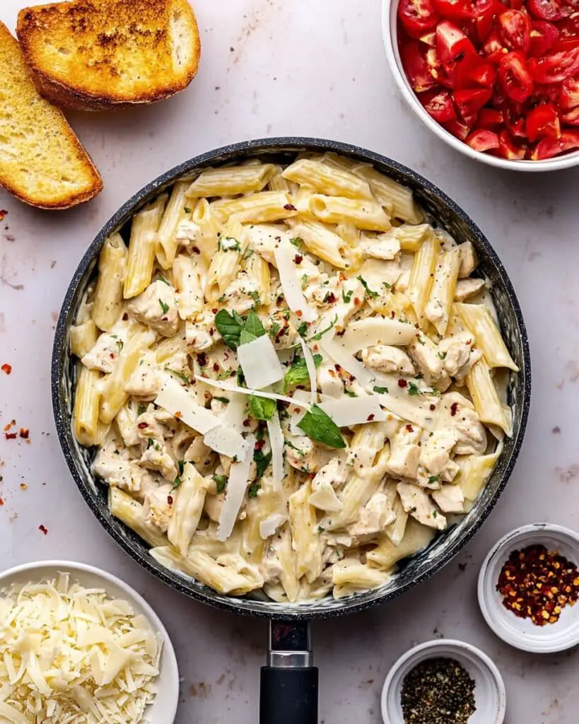 Chicken Penne Pasta with Tomato Basil Bruschetta Topping Recipe