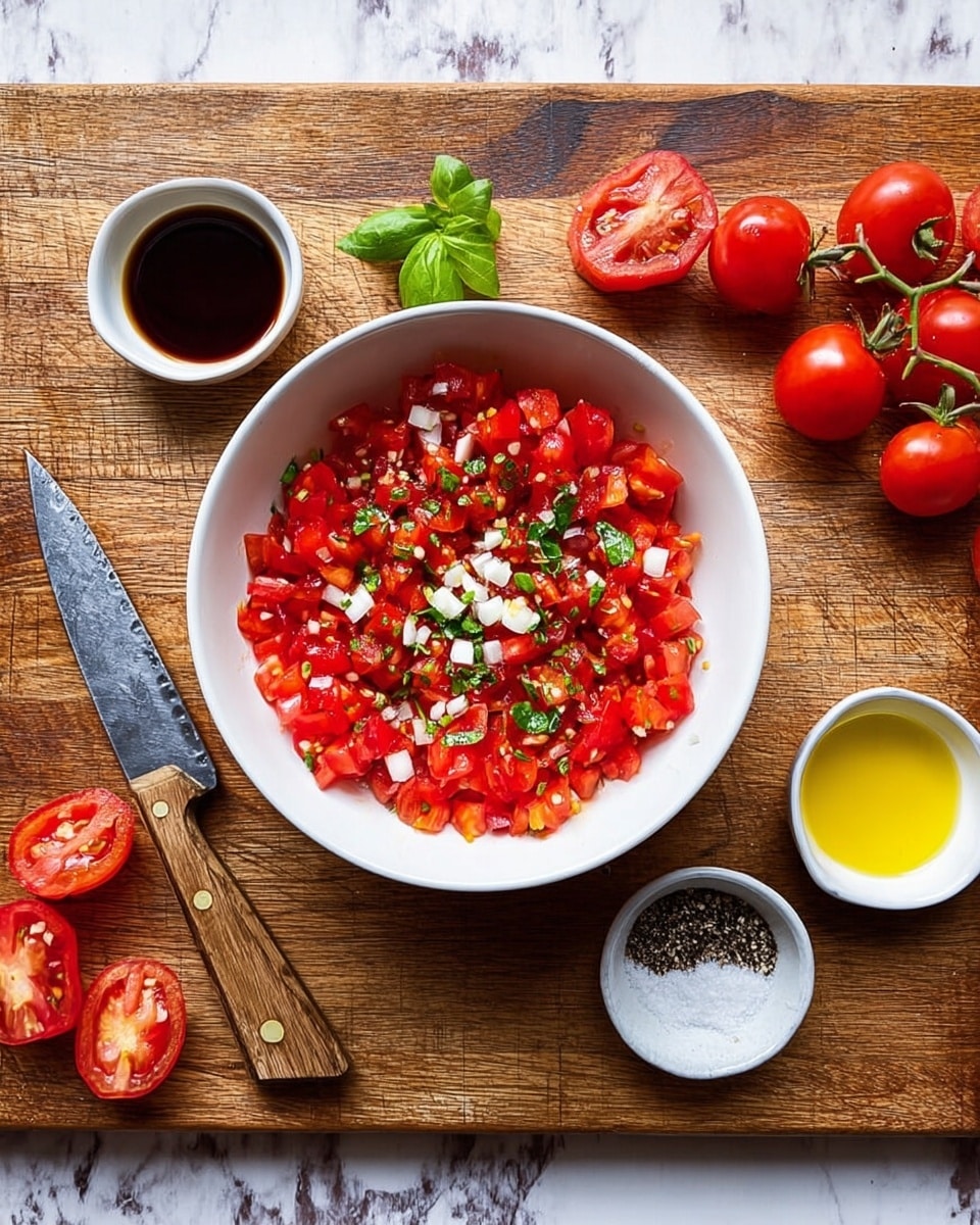 A white bowl filled with a mixture of chopped bright red tomatoes, topped with small pieces of white garlic and chopped green basil leaves in the center, sits on a wooden board. Around the bowl, there are fresh whole and halved red tomatoes, a knife with a wooden handle, and three small white dishes containing dark balsamic vinegar, yellow olive oil, and coarse salt with black pepper. The surface beneath the board is a white marbled texture. photo taken with an iphone --ar 4:5 --v 7