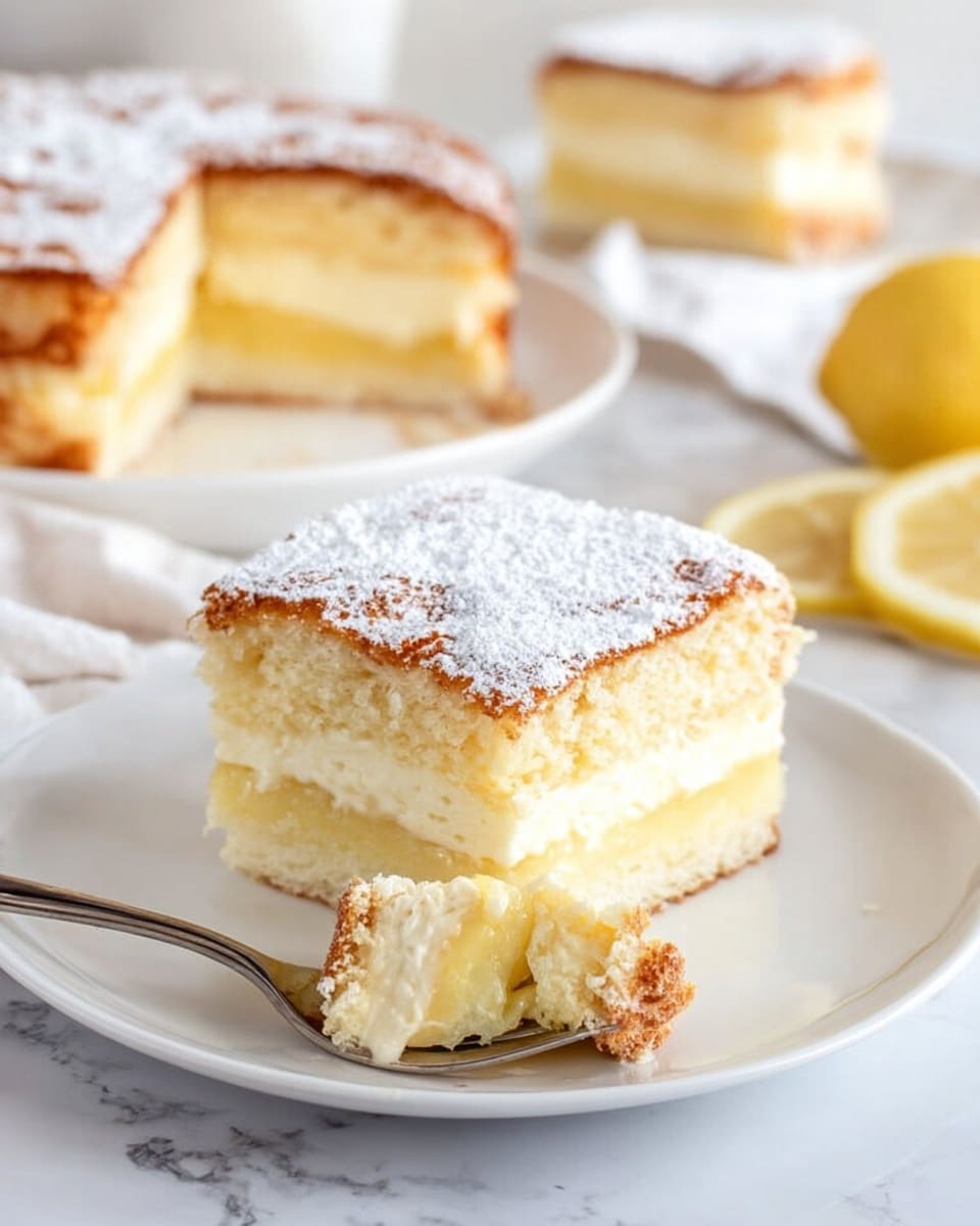 The image shows a slice of soft, creamy cake on a white plate, with three visible layers: a light golden brown top layer dusted with white powdered sugar, a thick middle layer of smooth pale yellow cream, and a light yellow bottom cake layer. A silver fork rests on the plate, holding a piece of the creamy cake, showing its soft texture. In the background, there is the rest of the cake with the same layers, another slice on a white plate, and a few lemon slices, all set on a white marbled surface. photo taken with an iphone --ar 4:5 --v 7