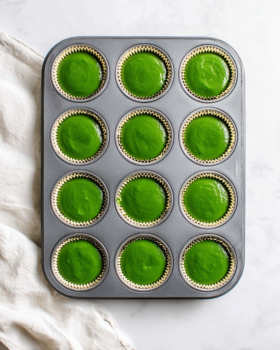 A gray metal muffin tray holds 12 cupcake liners filled with smooth, bright green batter. Each liner is light tan and neatly placed in the tray’s round wells. The tray sits on a white marbled surface, with a soft, crumpled white cloth to the left side. The green batter has a glossy, even texture, filling each liner almost to the top, ready for baking. photo taken with an iphone --ar 4:5 --v 7