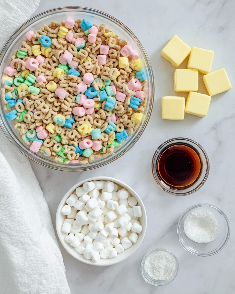 A clear glass bowl filled with a colorful cereal mix that has small beige letter-shaped pieces and bright marshmallows in pastel pink, blue, yellow, green, and orange colors sits on a white marbled surface. To the right of the bowl, there are five yellow butter cubes lined up. Below the bowl, a white bowl is filled with small white mini marshmallows. Two small clear glass dishes are placed near the cereal bowl, one containing a dark syrupy liquid and the other a small amount of white powder. A white cloth napkin is partially visible at the bottom left corner of the image. Photo taken with an iphone --ar 4:5 --v 7