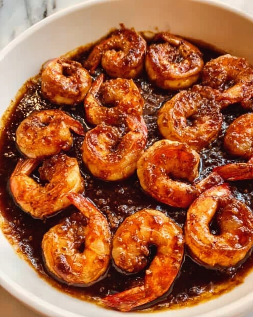 A white round dish filled with two layers of cooked shrimp coated in a dark brown sauce. The shrimp are curled and have a shiny, slightly textured surface from the sauce. The sauce pools around and between the shrimp, with a thick and glossy appearance. The white marbled surface is seen around the edges of the dish. Photo taken with an iphone --ar 4:5 --v 7
