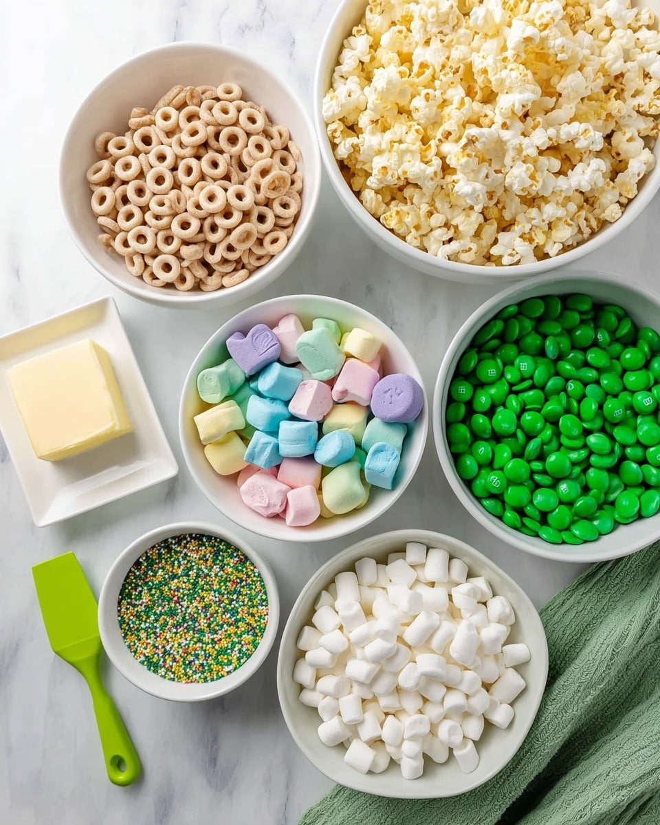 The image shows six white bowls of different sizes arranged on a white marbled surface. The largest bowl at the bottom right is filled with light yellow popcorn. Above it, there is a medium-sized bowl with various shapes and colors of marshmallows including pink, blue, yellow, green, and purple. To the upper right, another medium bowl contains green M&M candies in various shades of green. To the upper left is a large bowl filled with light brown cereal rings. Next to it, a smaller bowl is filled with small white marshmallows. The smallest bowl near the center contains green, yellow, and white sprinkles. On the left side, there is a small white dish with a large square piece of butter and a bright green spatula placed near the popcorn bowl. A green towel is partially visible in the top right corner. photo taken with an iphone --ar 4:5 --v 7