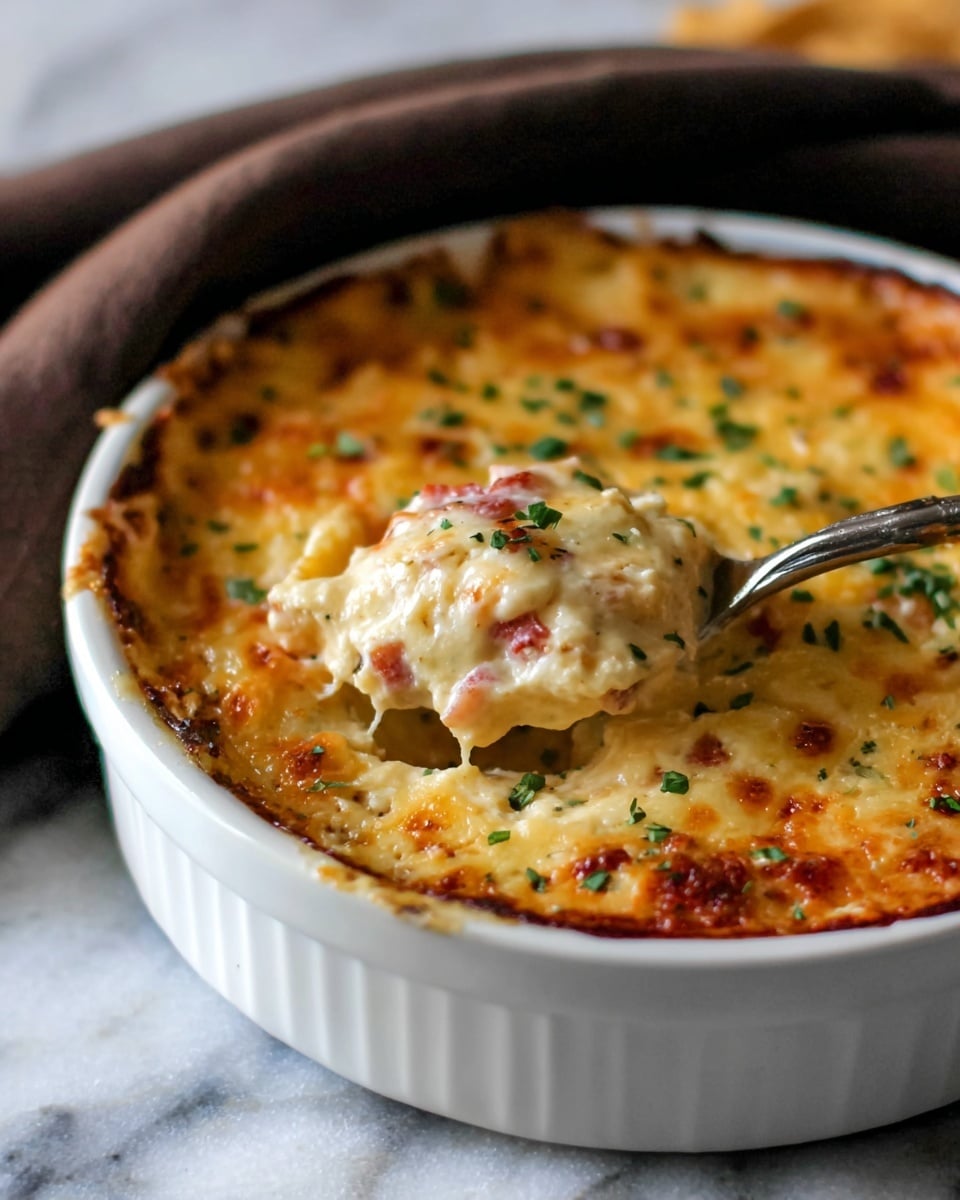 The image shows a deep round white bowl filled with a baked creamy dish topped with a golden-brown melted cheese layer and sprinkled with small green herb pieces. One spoon is scooping out the dish, showing a thick creamy inside with bits of diced red ingredients. The surface around the bowl is a white marbled texture with a soft brown cloth folded nearby. The photo taken with an iphone --ar 4:5 --v 7