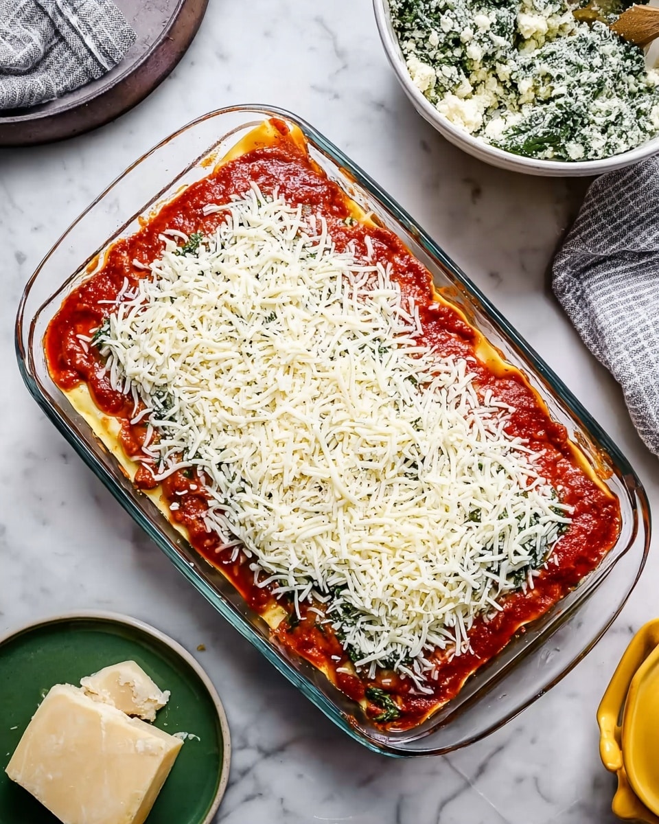 A clear rectangular glass baking dish holds a three-layer lasagna on a white marbled surface. The bottom layer shows a smooth red tomato sauce spread evenly, followed by a middle layer of green spinach mixture visible at the edges, topped by a generous, even layer of shredded melted white cheese. Around the baking dish, a white bowl with a green spinach and cheese mixture, a green plate with some white cheese, a striped gray and white cloth, and a yellow container are placed. Photo taken with an iphone --ar 4:5 --v 7