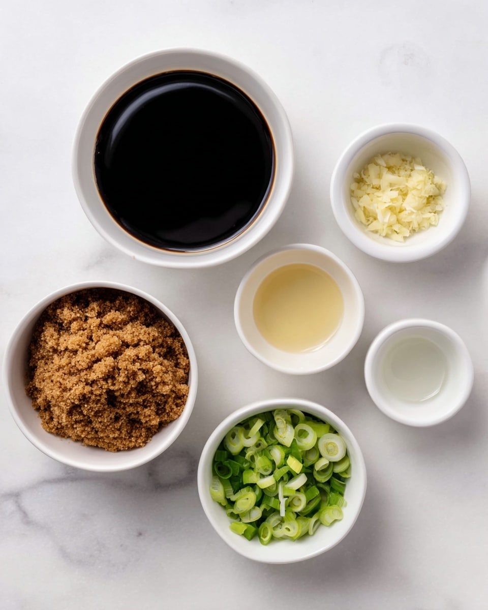 The image shows six small white bowls arranged on a white marbled surface. The largest bowl in the center holds a dark, thick liquid sauce with a smooth texture. To its left is a medium white bowl filled with loose, crumbly brown sugar. Below that is another medium white bowl with fresh, chopped green onions showing light and dark green rings. Above the center bowl are two smaller white bowls; one with a pale yellow liquid and another with finely chopped pale yellow garlic. To the right of the center are two more small white bowls—one containing a clear, light liquid and the other empty or with a small amount of clear liquid. The setup looks organized and clean, with sharp contrasts between the dark sauce and the lighter ingredients. photo taken with an iphone --ar 4:5 --v 7