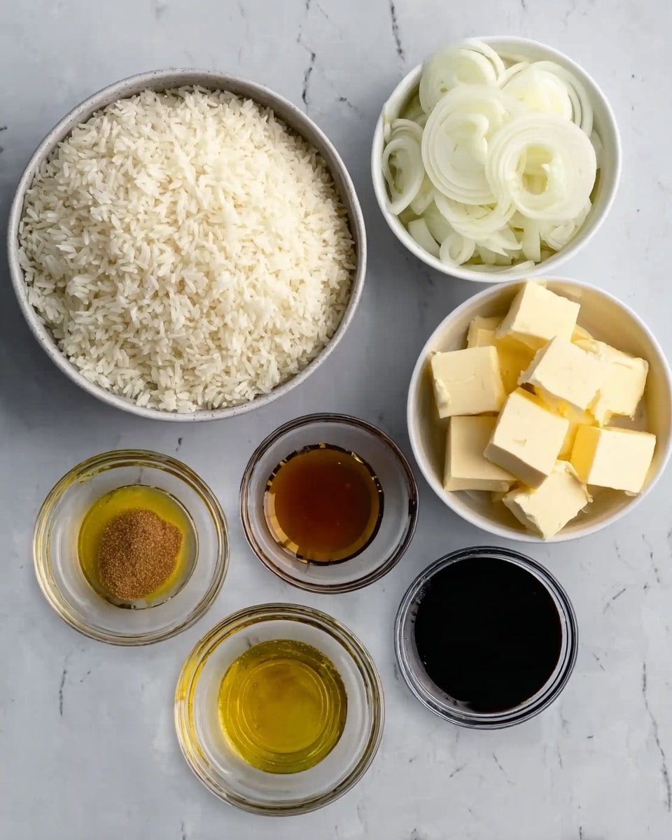 The image shows five containers with ingredients on a white marbled surface. There is one large white bowl filled with uncooked white rice. Next to it, a white bowl contains layers of sliced white onions and pale yellow butter cut into blocks placed side by side. In front, three small clear glass bowls are arranged in a row, containing golden oil, light brown sugar, and dark brown liquid. The colors and textures are distinct, and all items are neatly placed. photo taken with an iphone --ar 4:5 --v 7