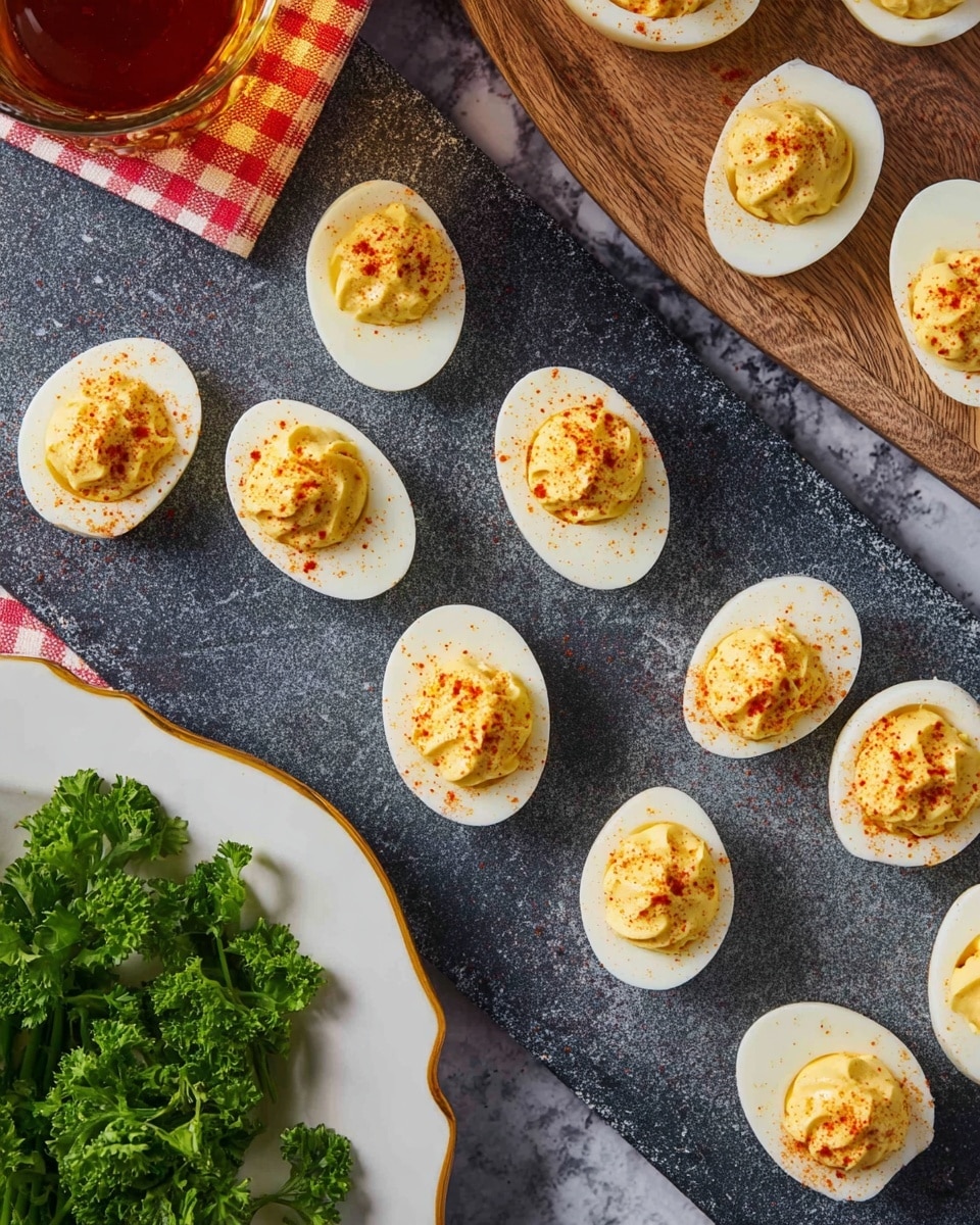 A spread of deviled eggs placed on a dark textured surface with a white marbled texture, each egg halved with smooth white outer layers and filled with creamy yellow yolk mixture that is piped or dolloped neatly in the center, topped with a light dusting of reddish-orange spice. The eggs are arranged scattered across the surface with a wooden board holding some on the top right. In the bottom left is a white plate with a gold rim holding fresh green curly parsley. A glass of amber liquid on a checkered coaster is partially visible in the top left corner. photo taken with an iphone --ar 4:5 --v 7