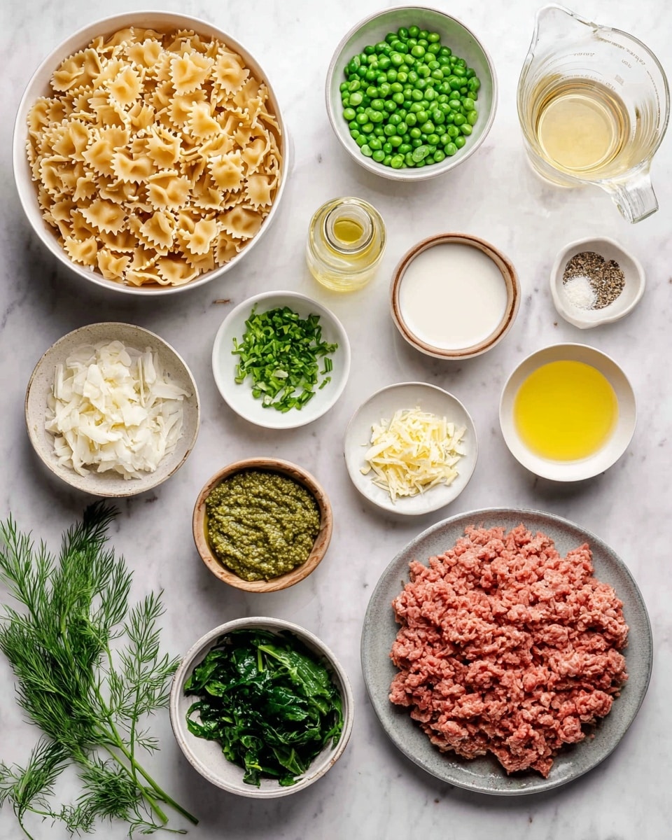 The image shows many ingredients for cooking, neatly placed on a white marbled surface. There are fourteen dishes and containers in total: a large white bowl at the top left filled with ruffled beige pasta, a white bowl next to it with green peas, a glass measuring cup with light brown broth, a glass bottle with clear light yellow liquid, and a small glass jar with a similar pale yellow liquid. Below are smaller white bowls holding bright yellow melted butter, light green chopped herbs, a wooden bowl with chunky green pesto, a rustic bowl filled with dark green chopped leafy spinach, and a small white bowl containing finely grated lemon zest. Near the center is a small white bowl of white liquid, likely cream or milk. To the bottom right is a large gray plate piled with raw ground meat, reddish with white fat specks. Near it, a smaller gray plate carries chopped white onions beside minced garlic. Two white plates hold green chopped chives and grated cheese, and a third white plate contains salt and pepper. A fresh dill sprig lies on the marble near the pasta. Photo taken with an iphone --ar 4:5 --v 7