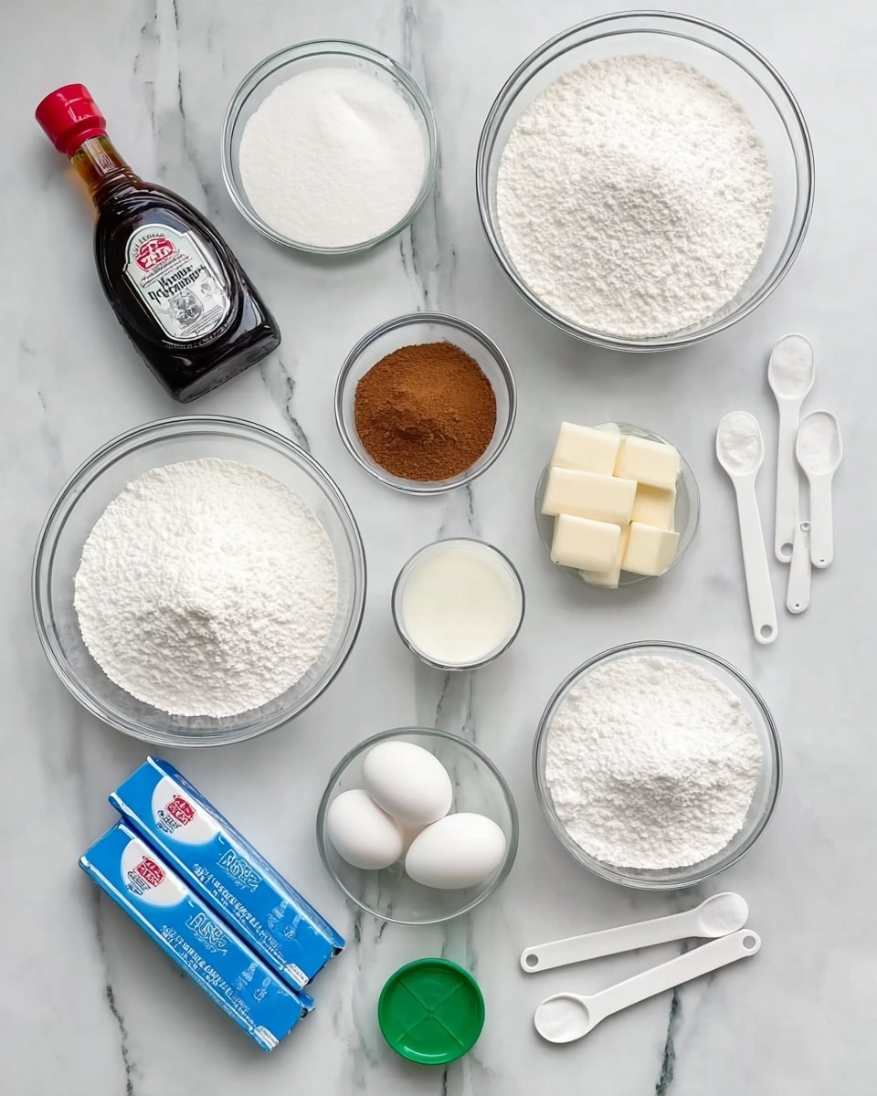 The image shows several clear glass bowls and white measuring spoons arranged on a white marbled surface, each filled with baking ingredients. There are two large bowls filled with white powder and sugar, a small bowl with brown powder, a small measuring cup with white cream, and a small bowl containing two white eggs. Two rectangular sticks of butter with blue labels, a bottle of vanilla extract with a red cap and label, a small green container, and two white measuring spoons with white powder are also visible. Everything is neatly organized and evenly spaced. Photo taken with an iphone --ar 4:5 --v 7