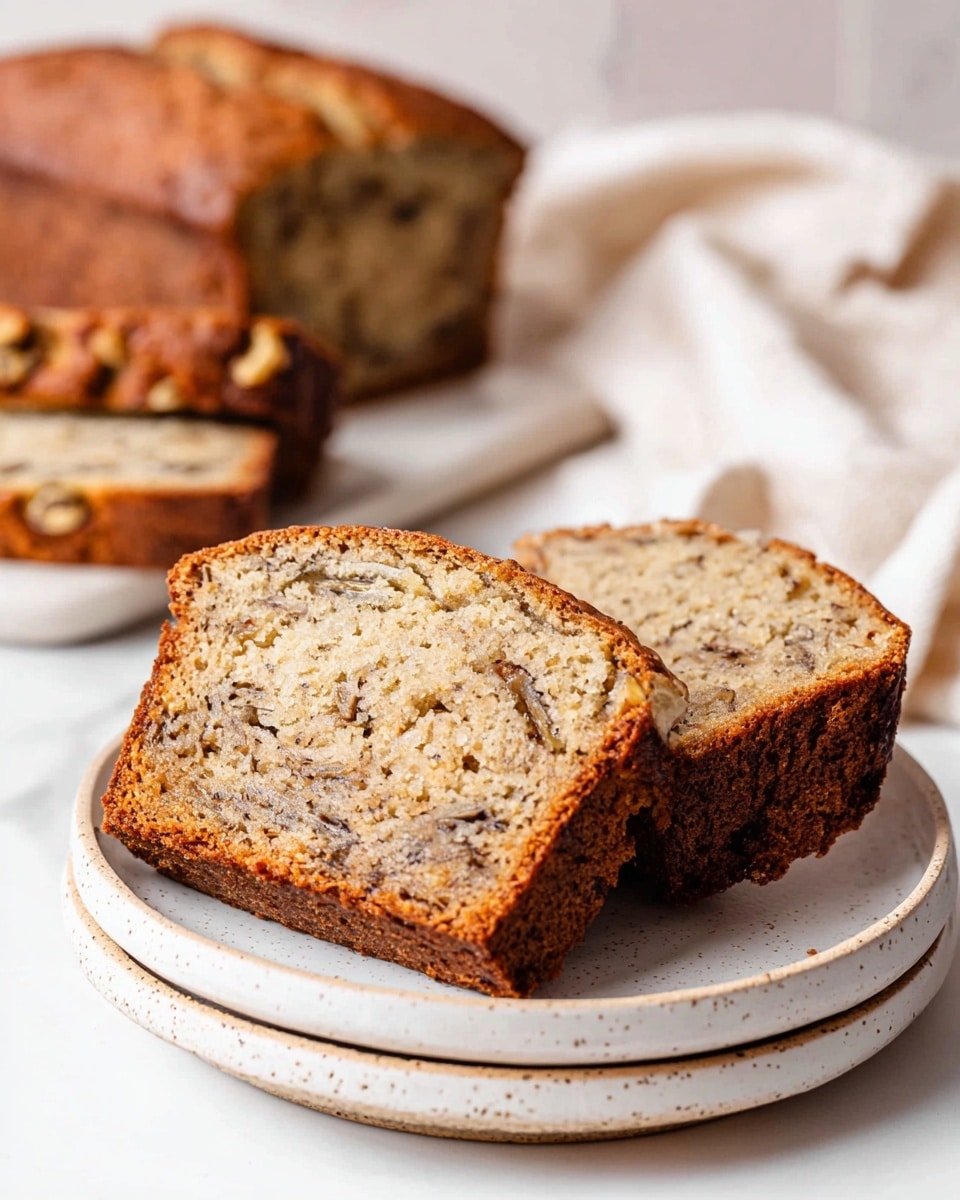 The image shows two slices of banana nut bread placed on a stack of three white plates with a slight speckled texture. The bread slices have a light brown interior with visible dark nut pieces scattered inside. The crust is a darker golden brown with a textured surface. In the background, a larger loaf of the same bread is partially sliced, sitting on a white marbled surface with a soft white cloth draped nearby. The overall scene has a warm and cozy feeling. photo taken with an iphone --ar 4:5 --v 7