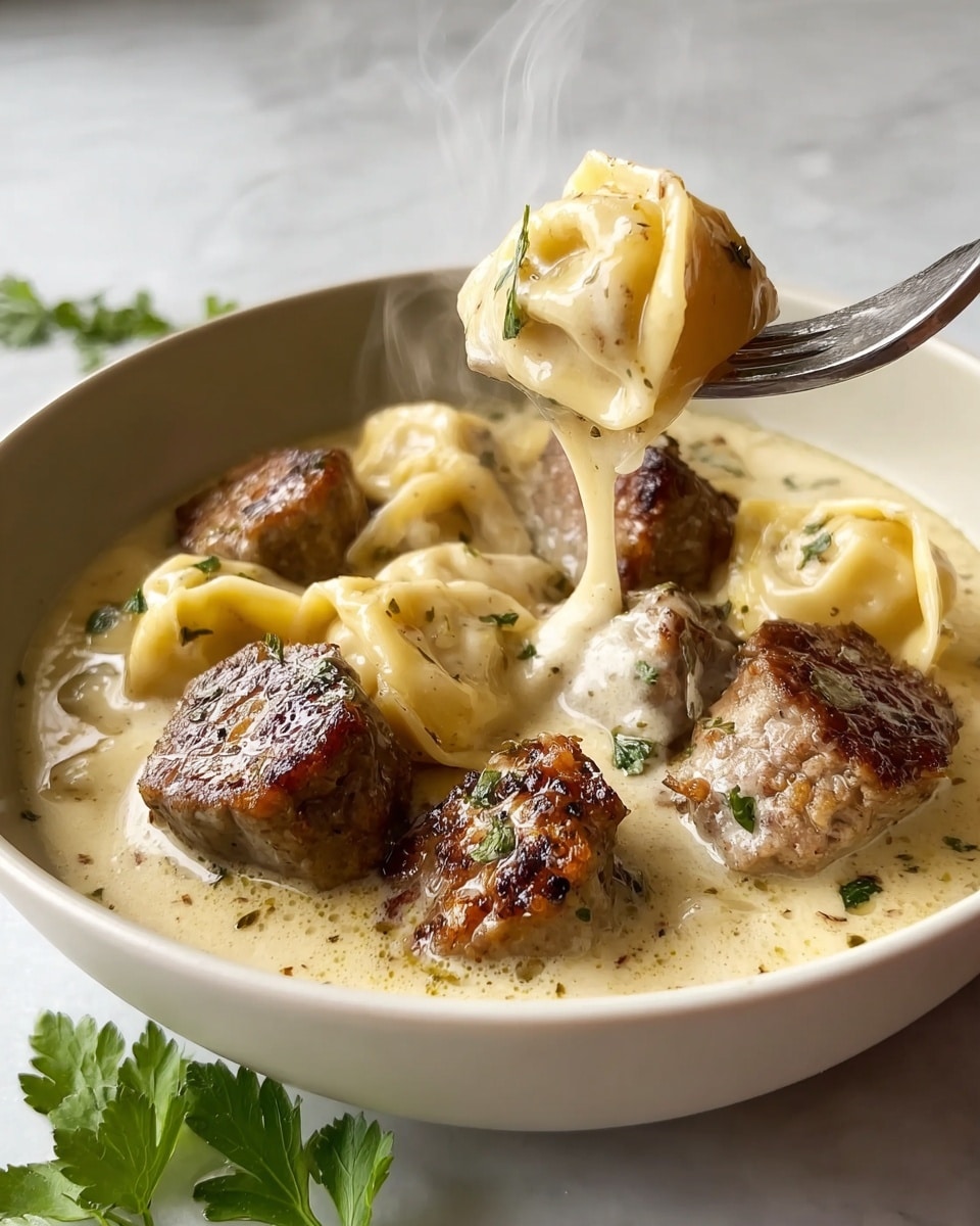 The image shows a close-up of a white bowl filled with creamy sauce and several pieces of pan-seared meat with a brown, crispy surface floating in it. There are also soft, folded pasta pieces covered by the sauce, giving a smooth pale yellow color. A fork is lifting one pasta piece and one meat piece from the bowl, showing the sauce dripping from them. The bowl rests on a white marbled surface with a green parsley leaf near the bottom left corner. Steam rises faintly from the bowl, indicating the food is hot. photo taken with an iphone --ar 4:5 --v 7
