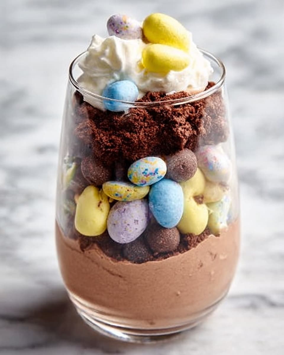 A clear glass holds a layered dessert with four visible layers inside. The bottom layer is smooth chocolate mousse with a light brown color. Above it, there is a layer of round, small chocolate pieces mixed with pastel-colored thin oval candies in yellow, blue, and purple. Next is a crumbled dark brown cake layer with a rough texture. On top, there is white whipped cream with more pastel yellow and blue small oval candies placed on it. The glass is placed on a white marbled surface. Woman's hand is not visible in this scene. photo taken with an iphone --ar 4:5 --v 7