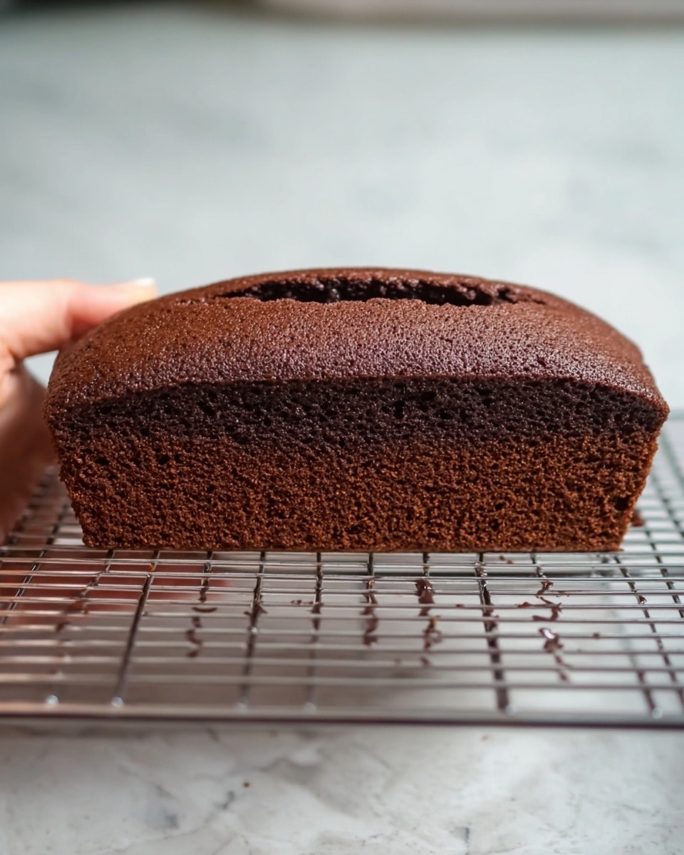 A small rectangular chocolate cake with a rich dark brown color sits on a metal cooling rack, showing a soft, slightly cracked top layer with a lighter brown bottom layer forming the base. The texture looks moist and fluffy with a gentle rise in the center. A woman's hand is holding the bottom left corner of the cooling rack. The background is a white marbled texture. photo taken with an iphone --ar 4:5 --v 7