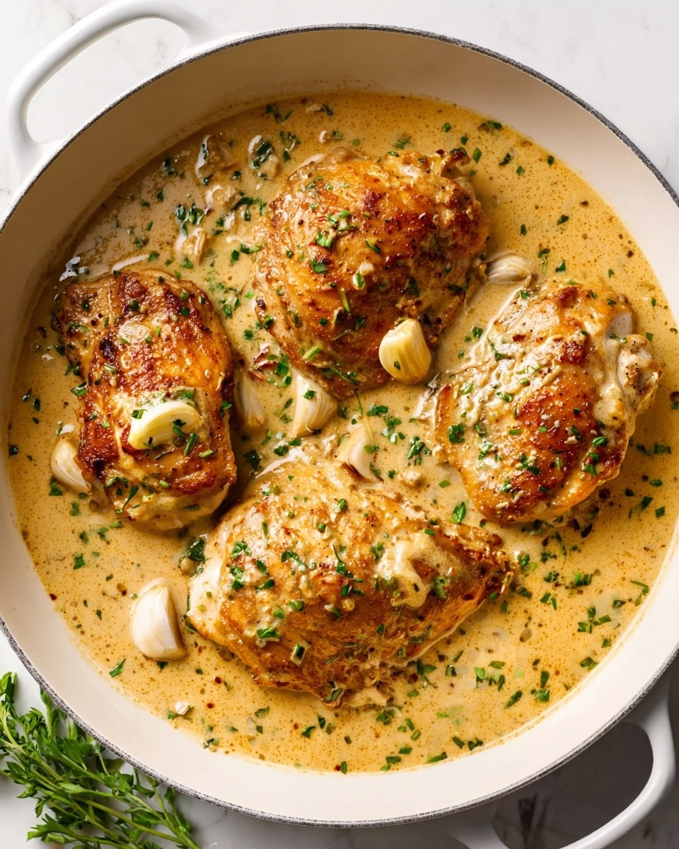 A white pan contains four cooked chicken pieces, golden brown on top, sitting in a creamy light tan sauce. Whole garlic cloves and finely chopped fresh green herbs are scattered on the chicken and sauce. The sauce has a smooth texture, surrounding the chicken evenly. In the background, a couple of green herb sprigs and a white marbled surface are visible. photo taken with an iphone --ar 4:5 --v 7