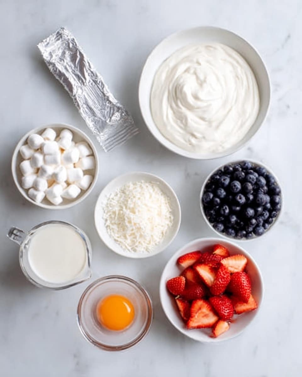 The image shows a top view of several white dishes and clear containers arranged in a circle on a white marbled surface. At the center top is a round white bowl filled with smooth white cream. Below it to the left is a rectangular silver foil pack, and to the right is a white bowl filled with fresh dark blueberries. Moving downward, a small white bowl of soft white marshmallows is placed at the left side, and next to it is a pile of white shredded coconut. On the bottom left, there is a clear pitcher filled with milk, and at the bottom right is a small white bowl holding an orange raw egg yolk. In the center bottom portion, a white bowl holds bright red sliced strawberries. The colors contrast softly on the white marbled background. Photo taken with an iphone --ar 4:5 --v 7