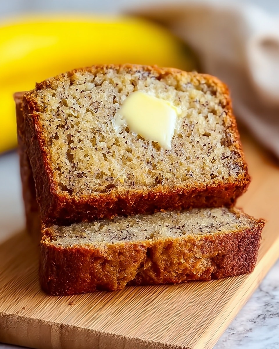 A close-up of two slices of moist banana bread stacked on a light wooden board with soft brown crust edges and a light golden-brown interior speckled with tiny dark bits. The top slice has a small, soft pat of melting pale yellow butter sitting slightly off center, contrasting with the textured crumb. In the blurry background, bright yellow bananas add a pop of color. The surface beneath everything is a white marbled texture. Photo taken with an iphone --ar 4:5 --v 7