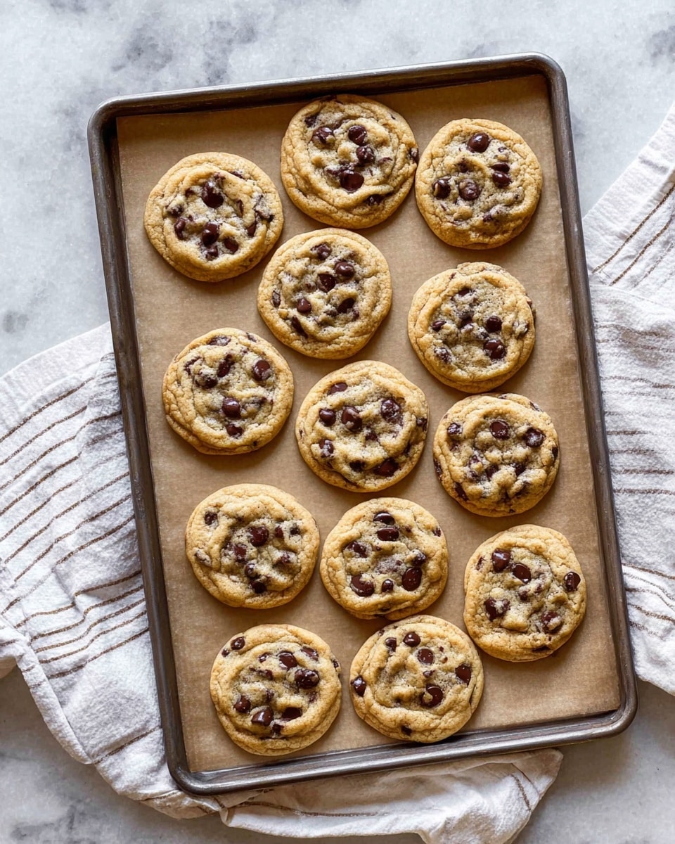 A baking tray with fourteen round chocolate chip cookies spread out evenly, each cookie golden brown with darker brown melted chocolate chips scattered across the top, sitting on a light brown parchment paper liner; the tray is on a white marbled surface with a white cloth with thin brown stripes partially tucked under the tray on the top left and bottom right corners, the cookies have a soft and slightly puffy texture showing slight cracks around the edges photo taken with an iphone --ar 4:5 --v 7