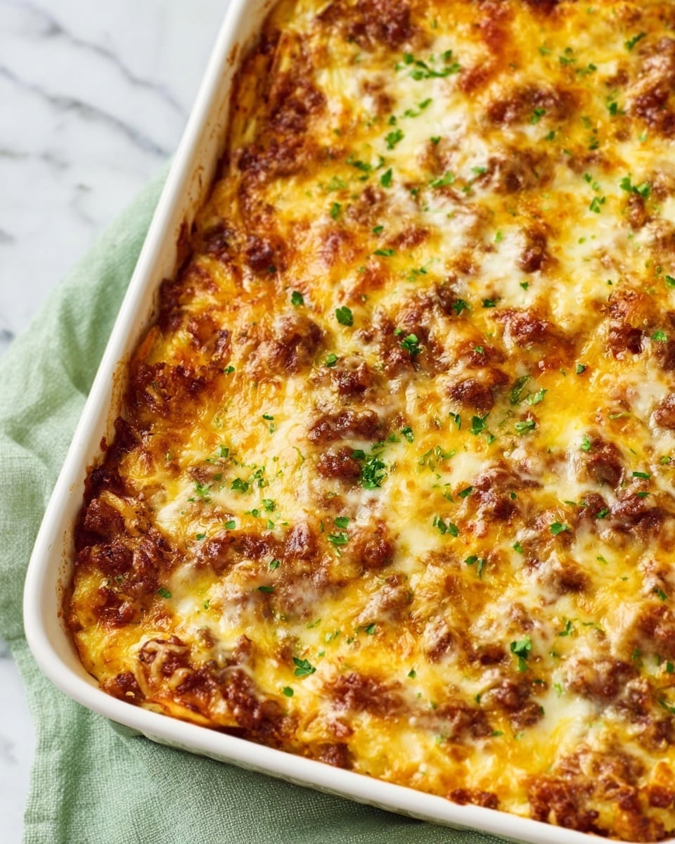 The image shows a close-up of a baked casserole in a white rectangular dish. The top layer is golden brown melted cheese mixed with bits of browned cooked meat and small green herb pieces sprinkled evenly across. The texture looks crispy and slightly bubbly on the edges, with some cheese strands stretching. The dish sits on a white marbled surface with a light green cloth partially visible beneath one side. photo taken with an iphone --ar 4:5 --v 7