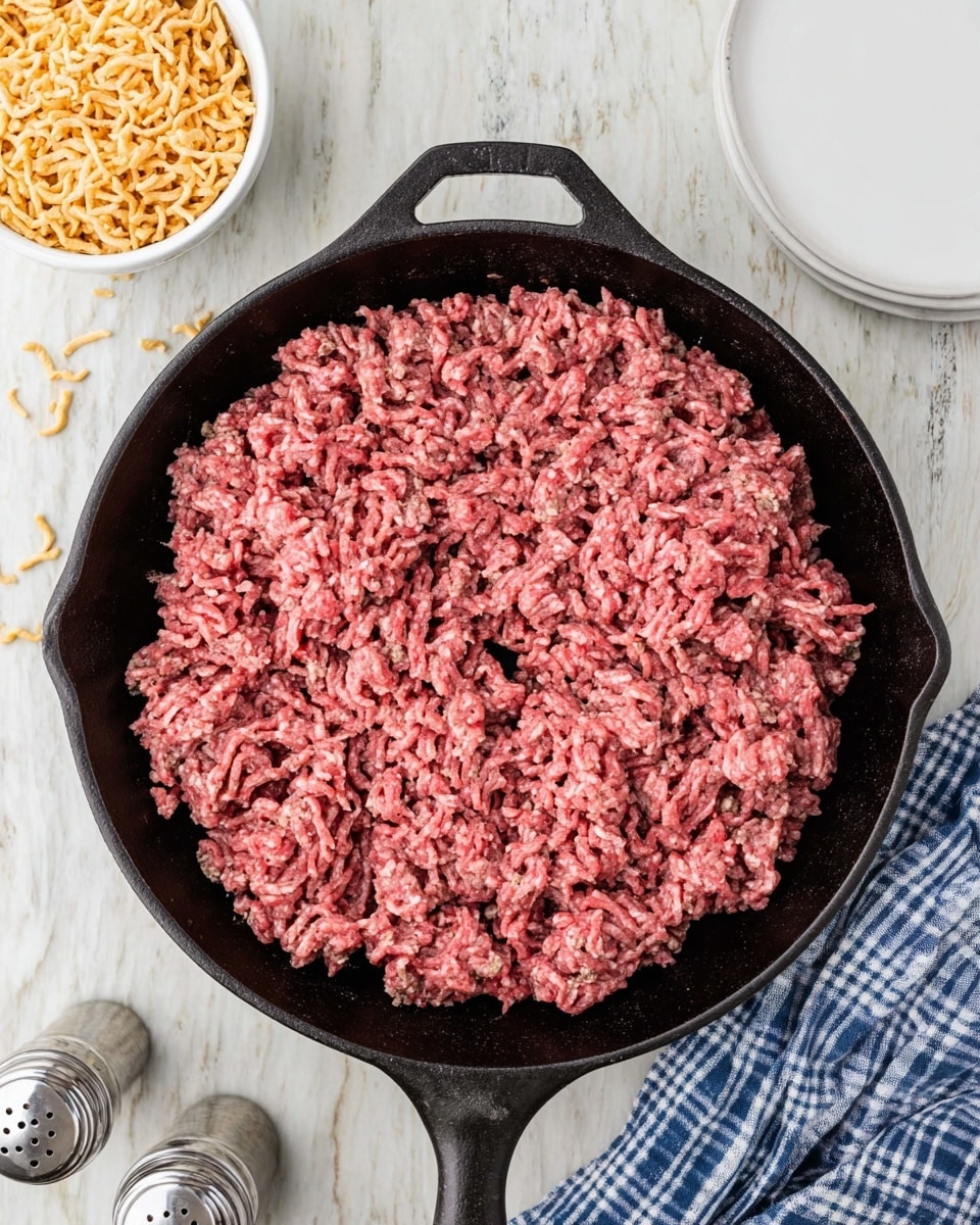 A black cast iron pan filled with raw ground meat that is pink with some darker red patches, spread evenly across the pan surface. Near the pan on the white marbled background, there is a small white bowl filled with light golden crunchy fried noodles or onions. A pair of salt and pepper shakers stand at the bottom left corner, and on the right side, a folded blue and white checkered cloth is partially visible next to an empty white plate. The setting has a bright and clean look. photo taken with an iphone --ar 4:5 --v 7