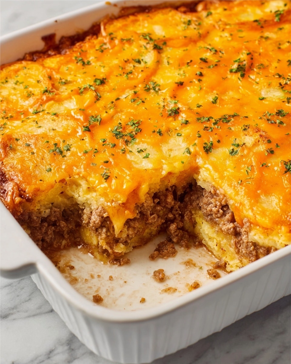 A white rectangular baking dish on a white marbled surface holds a cheesy casserole with three visible layers. The bottom layer is a light brown crumbly base. The middle layer is a thicker, darker brown meat-like mix with a soft texture. The top layer is a bright orange melted cheese blanket with some herbs sprinkled over it. The corner is scooped out, showing the layers clearly. Photo taken with an iphone --ar 4:5 --v 7