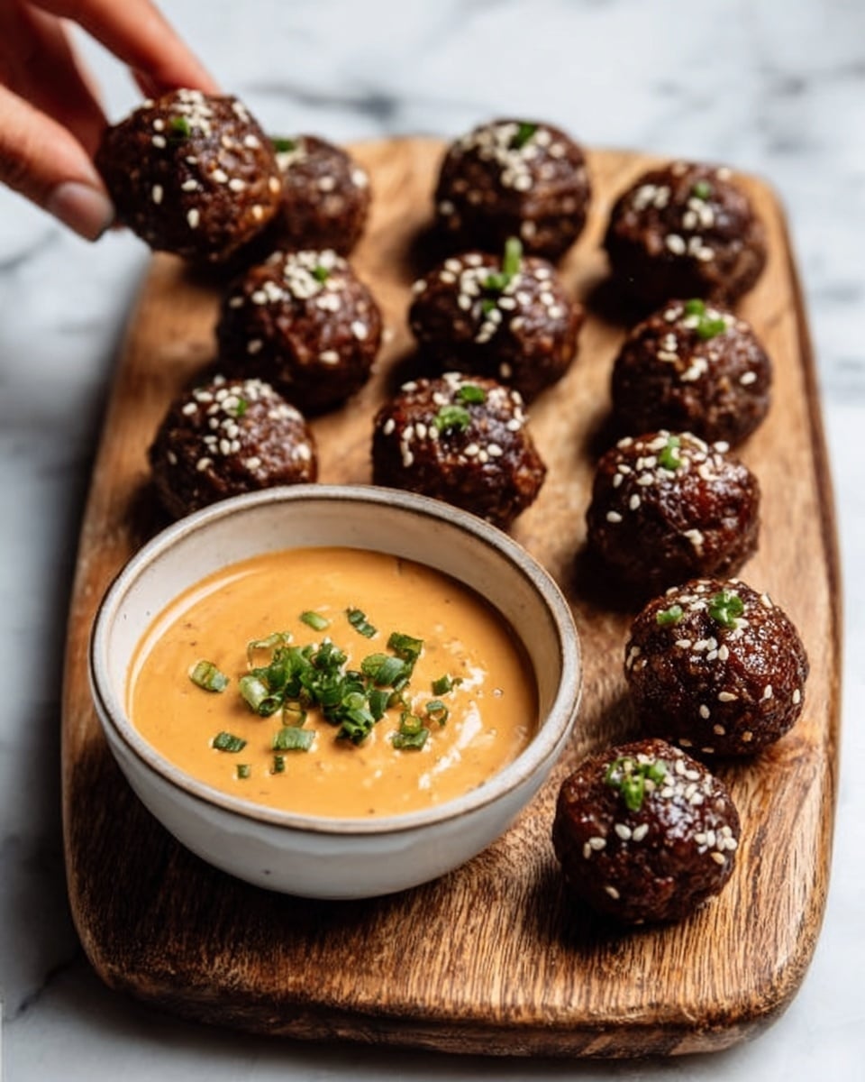 The image shows a wooden board on a white marbled surface, holding nine round, dark brown meatballs with a slightly shiny texture. Each meatball is sprinkled with white sesame seeds and small green herbs. Next to the meatballs is a white bowl filled with an orange-colored creamy sauce, garnished with chopped green herbs on top. A woman's hand is reaching towards one of the meatballs. Photo taken with an iphone --ar 4:5 --v 7
