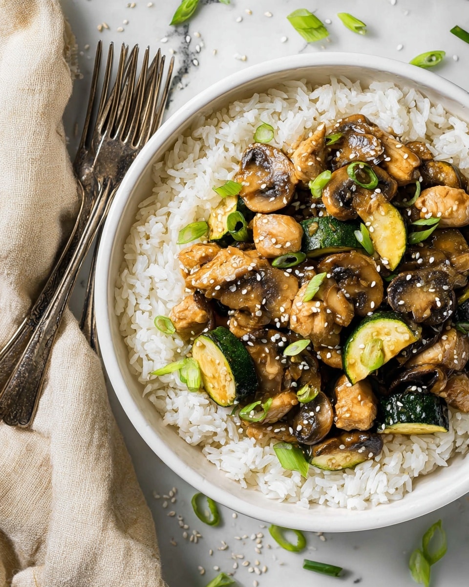 A bowl filled with a base layer of fluffy white rice that fills the bottom and edges, topped with a mix of browned chicken pieces, sliced mushrooms, and chunks of green zucchini. The chicken and vegetables have a glossy, slightly sauced look with some green onion pieces and white sesame seeds sprinkled over them. The bowl is white, sitting on a white marbled surface, with two forks placed to the left and some scattered sesame seeds and green onions around. A light beige cloth is draped near the bowl. Photo taken with an iphone --ar 4:5 --v 7