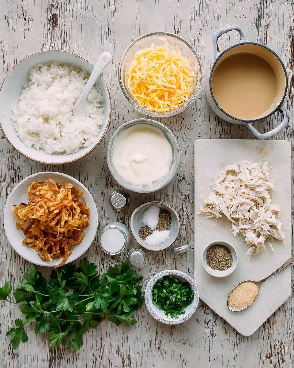 The image shows various ingredients arranged neatly on a white marbled texture surface. On the left, there is a white bowl filled with cooked white rice, with a white spoon inside it. Next to it is a white bowl with crispy fried onions, which have a golden brown color. Above these is a glass bowl with yellow shredded cheese, beside it a small pot with a beige sauce or broth, and two small containers for salt and pepper. There's a small bowl with white mayonnaise or sour cream, and another with shredded white chicken on a white board with a white pot beside it. Fresh green parsley leaves are placed on the bottom left, and a small bowl with finely chopped green herbs is near the shredded chicken. A small bowl with a mix of salt and pepper and a small spoon-shaped bowl with light beige powder are in the middle. Everything is nicely spaced on the rustic white marbled surface, photo taken with an iphone --ar 4:5 --v 7