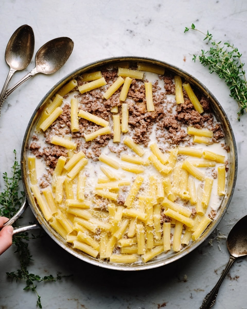 The image shows a metal pan on a white marbled surface, filled with three visible layers: the bottom layer is a creamy white sauce with a smooth texture, the second layer is browned ground meat scattered unevenly, and the top layer consists of uncooked yellow and white rigatoni pasta sticks spread across the pan. A woman's hand is holding the pan handle on the left, and two metal spoons rest on the white marbled surface to the right of the pan. Small green herb sprigs are placed near the lower left corner of the pan. photo taken with an iphone --ar 4:5 --v 7
