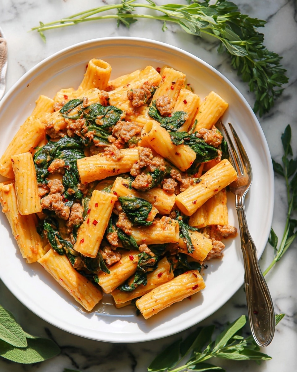 A white plate holds a dish of rigatoni pasta mixed with small pieces of browned sausage and wilted dark green spinach leaves. The pasta is coated in a creamy light orange sauce with visible herbs and red pepper flakes scattered throughout. The rigatoni are thick tubes with ridges, arranged loosely but filling the plate almost to the rim. Around the plate, there are fresh green herb sprigs and a fork resting on a white marbled surface. The scene shows a close-up view with natural light highlighting the glossy texture of the sauce and the fresh greens. photo taken with an iphone --ar 4:5 --v 7