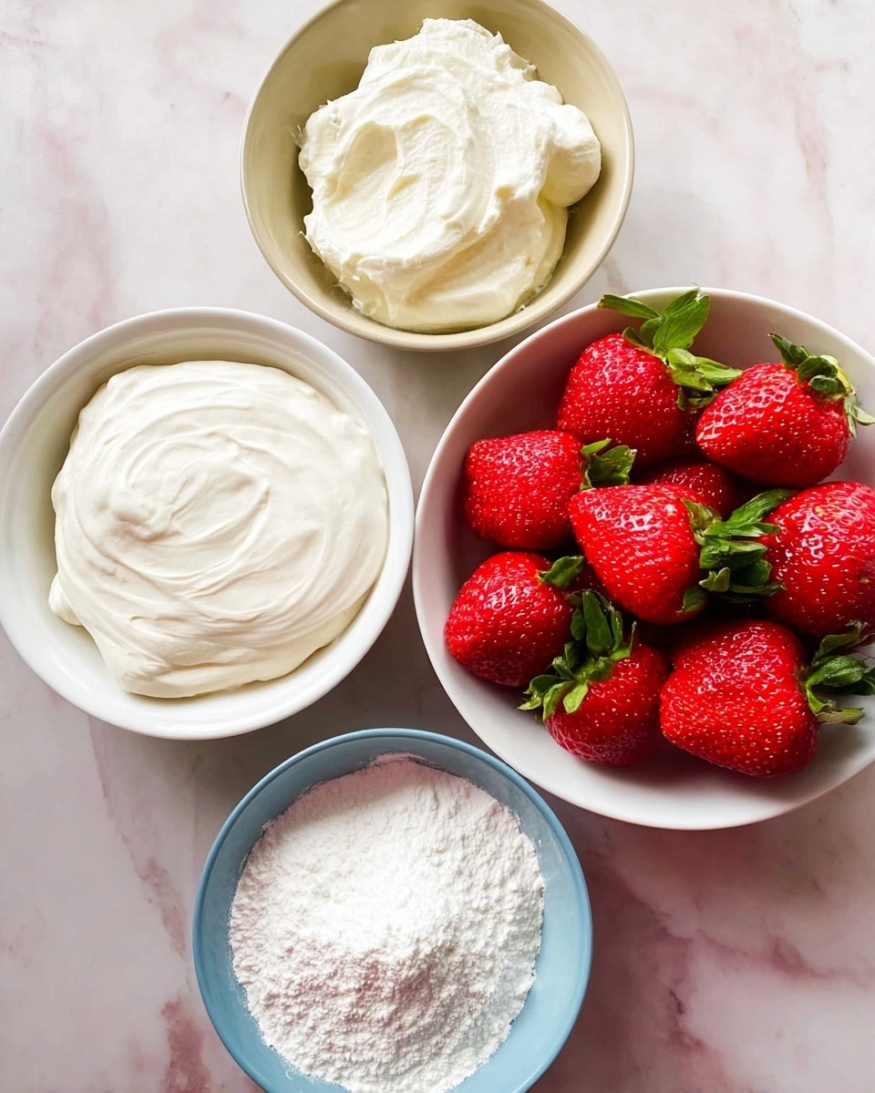 The image shows a top view of four white bowls with different ingredients resting on a white marbled surface. The first bowl contains a thick white cream with a smooth, slightly swirled texture on top, positioned on the left. Next to it on the right is another bowl filled with fresh bright red strawberries, their green leafy tops adding contrast. Above these two, there is a smaller bowl holding another creamy white substance with a soft, slightly whipped texture. Finally, at the bottom left, another bowl contains a fine white powder with a soft, fluffy appearance. The bowls are close together, each showing its contents clearly. Photo taken with an iphone --ar 4:5 --v 7