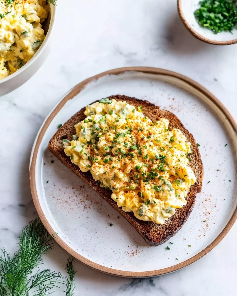 A single slice of dark brown toasted bread is placed at the center of a white plate with a light brown rim. On the bread, there is a thick layer of creamy egg salad, pale yellow with small pieces of green herbs mixed in. The egg salad is sprinkled with finely chopped green herbs and a dusting of reddish paprika on top. To the left of the plate, a small sprig of fresh green dill lies on the white marbled surface. In the top left corner, part of a bowl filled with more egg salad is visible, and on the right, a white bowl with a brown rim holds finely chopped green herbs. The whole scene is set on a white marbled background. Photo taken with an iphone --ar 4:5 --v 7