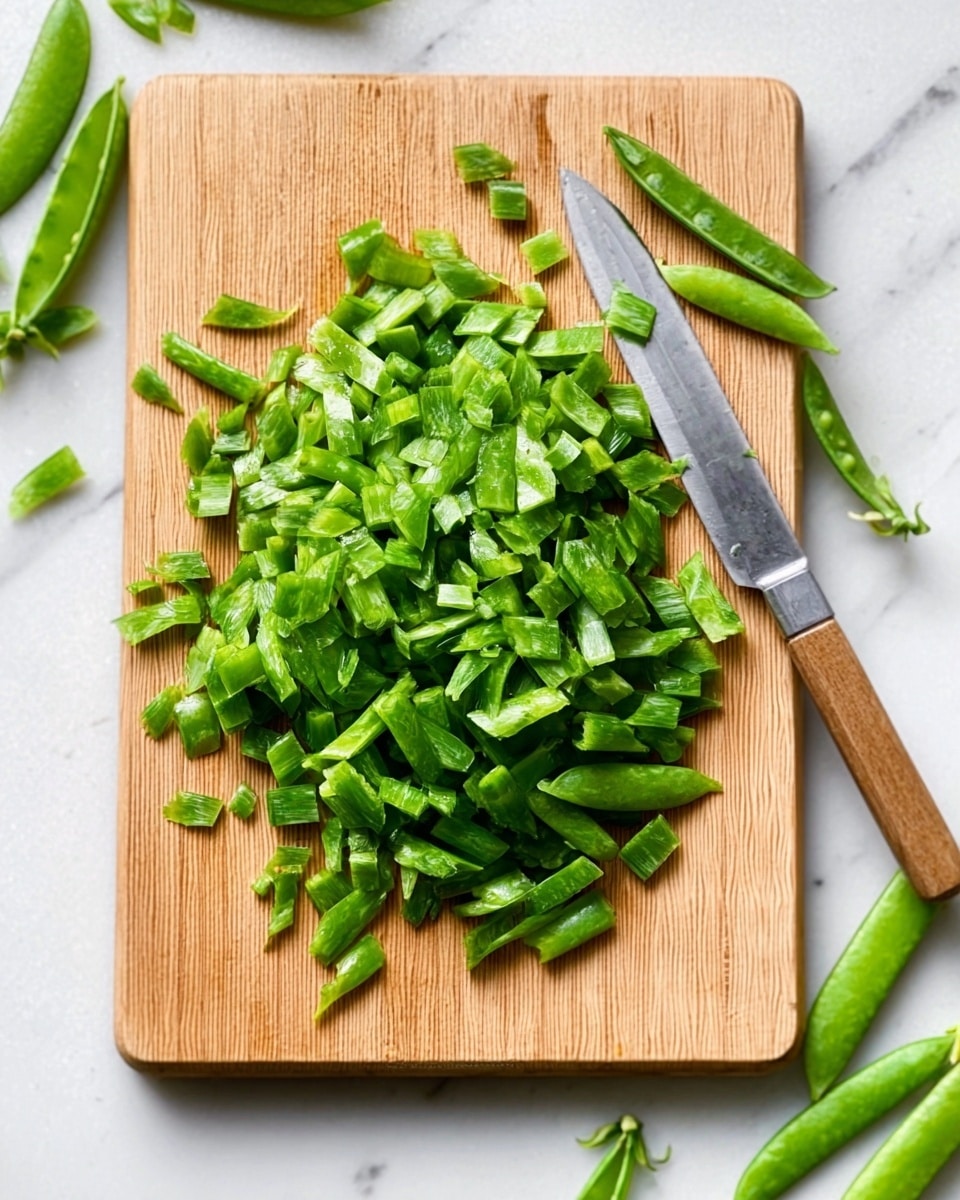 A wooden cutting board on a white marbled surface holds many small chopped green pea pods, sliced into thin, uneven pieces with a mix of light and dark green shades. On the top right corner of the board sits a shiny metal knife with a wooden handle. Around the board are whole pea pods, also bright green with a smooth texture. The image shows a clean and fresh scene with vivid green colors contrasting the natural wooden cutting board. photo taken with an iphone --ar 4:5 --v 7