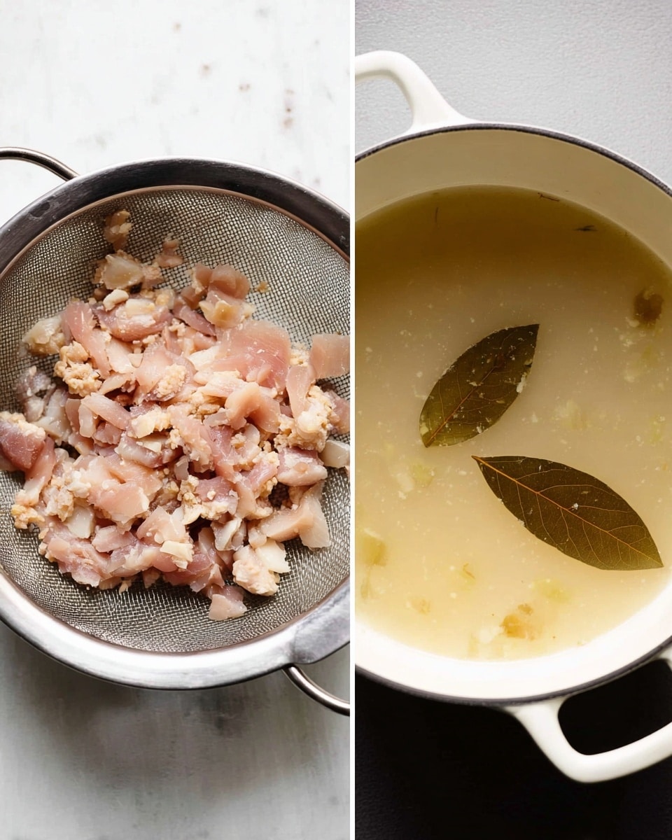 The image shows two parts: on the left is a silver metal strainer filled with small pieces of raw, pale pink meat over a white marbled surface, and on the right is a white cooking pot filled with a light beige, slightly thick liquid with two dark brown bay leaves floating on the surface, all placed on a white marbled countertop. photo taken with an iphone --ar 4:5 --v 7