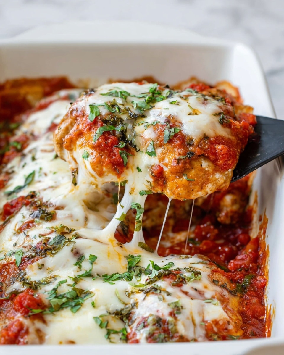 The dish shows several thick layers of food in a white baking dish: the bottom layer is a chunky red tomato sauce, topped by golden brown pieces of cooked chicken with a textured, slightly crispy surface, followed by a thick, melted layer of white cheese that stretches as one piece is lifted by a black spatula, sprinkled with fresh green herbs. The dish is set on a white marbled surface. Photo taken with an iphone --ar 4:5 --v 7