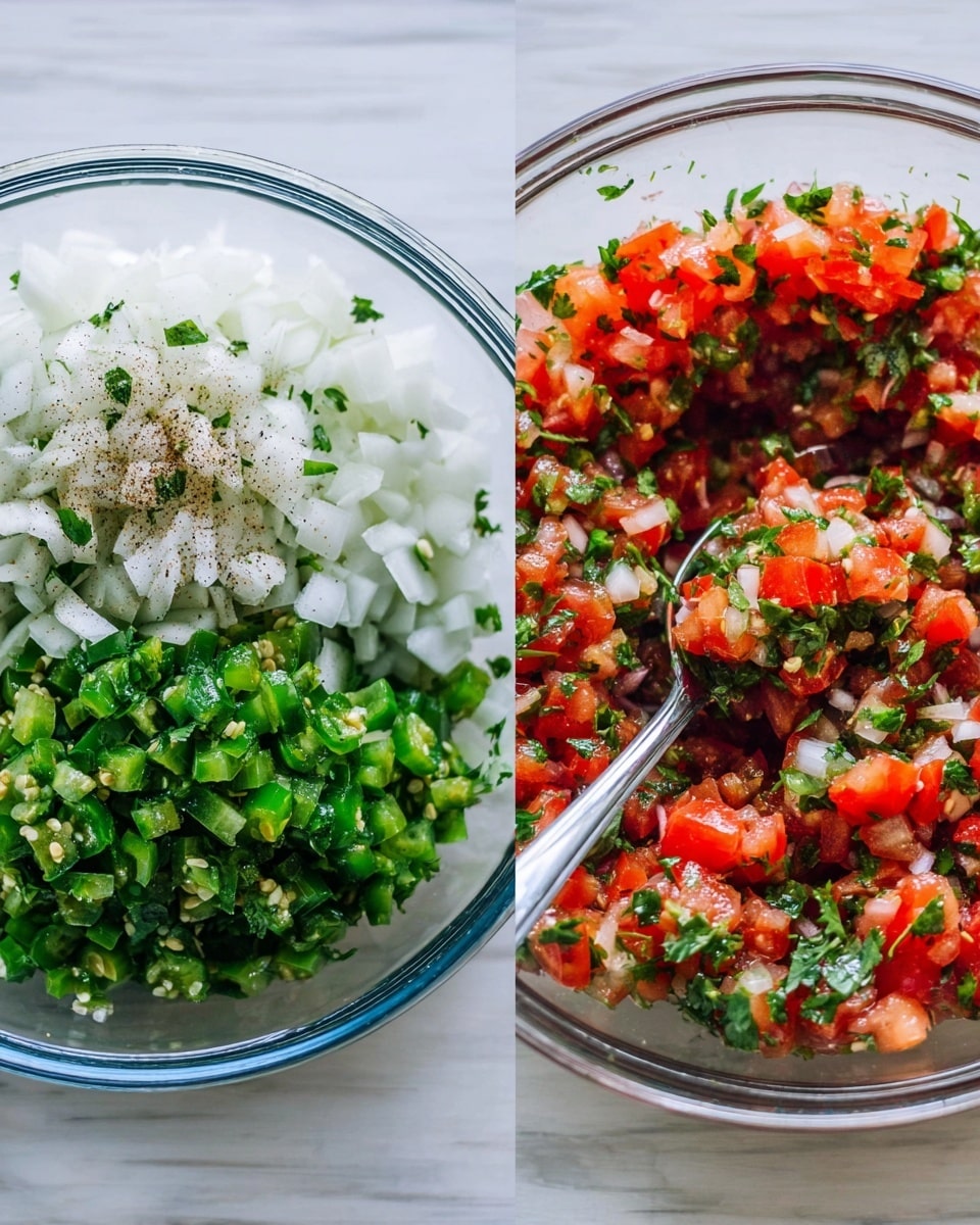 The image shows two white clear glass bowls placed on a white marbled surface. The bowl on the left has four distinct layers of chopped ingredients arranged side by side: white onion pieces on the far left, bright green chopped jalapeños next to the onion, dark green chopped cilantro beside the jalapeños, and red chopped tomatoes on the far right with a sprinkle of black pepper and salt. The bowl on the right shows these ingredients mixed together into a colorful, chunky salsa with red, white, and different shades of green. A silver spoon is inside the mixed salsa bowl. Photo taken with an iphone --ar 4:5 --v 7