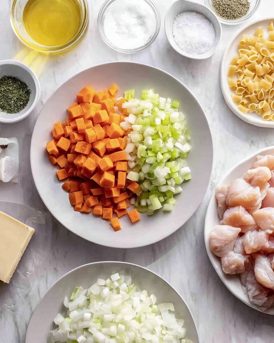 The image shows a top view of several ingredients on a white marbled surface. In the center, there is a white plate with three layers of diced vegetables: bright orange carrots on the bottom left, light green celery on the top right, and pale green onions at the top left. Below the plate is a white bowl filled with evenly chopped white onions. To the right, there is another white plate with roughly cut pieces of light pink raw chicken. Around these main items, there are small bowls and containers holding other ingredients, such as a yellowish liquid in a glass jar, a small mound of green herbs, a stick of butter, some salt and pepper in a white bowl, and uncooked pasta pieces. The overall setting is clean and bright, and a woman's hand is gently holding the white bowl with onions. Photo taken with an iphone --ar 4:5 --v 7