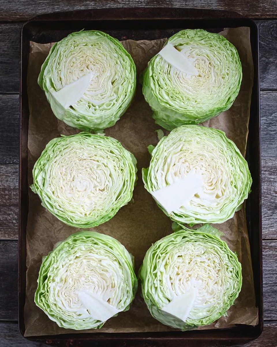 The image shows six cabbage slices placed evenly on a baking tray lined with brown paper. Each cabbage slice is round and has many layers; the outer layers are light green with leafy texture while the inner layers are pale white, tightly packed, showing a spiral pattern. The baking tray is dark brown, resting on a surface with a wood texture. photo taken with an iphone --ar 4:5 --v 7