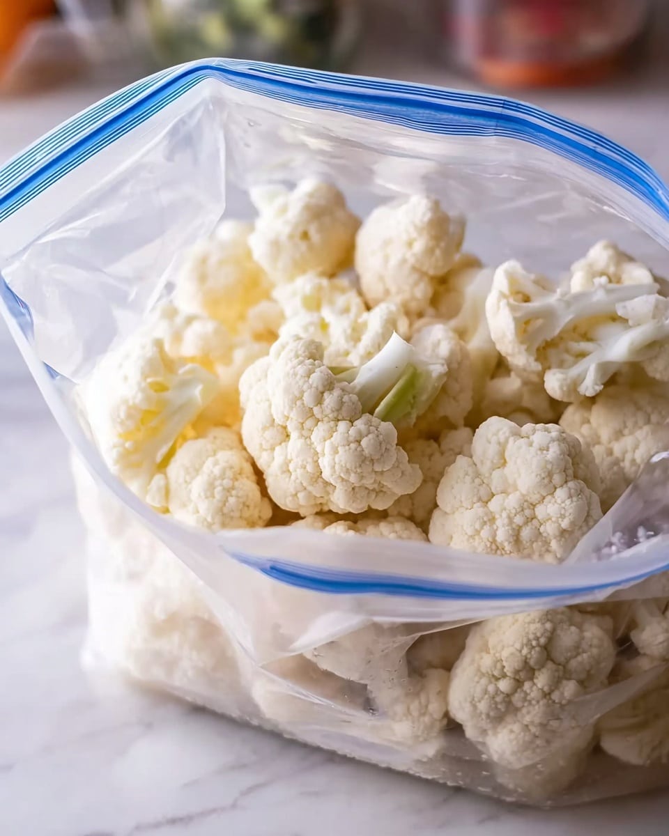 A clear resealable plastic bag filled with many small white cauliflower florets inside it. The florets are fresh with a bumpy texture, loosely packed in the bag which is open at the top. The background is a white marbled surface with blurred kitchen items behind. photo taken with an iphone --ar 4:5 --v 7