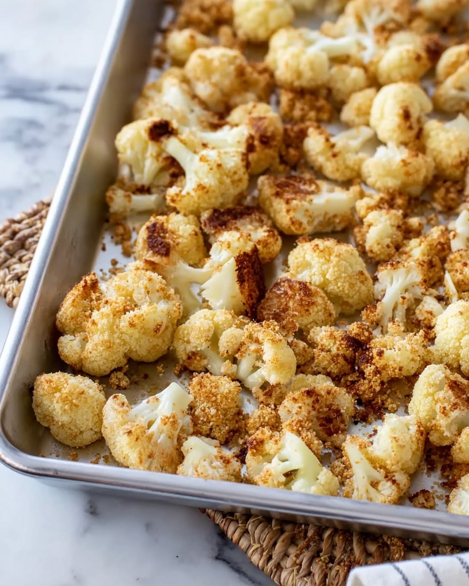 The image shows a silver baking tray filled with many pieces of roasted cauliflower, each piece coated with a light, crumbly, golden-brown layer. The cauliflower pieces vary in size and have a slightly rough texture with some darker browned spots, showing they are cooked well. The tray is placed on a white marbled surface with a woven mat underneath part of it. The focus is on the roasted cauliflower, showing the color contrast between the light white cauliflower and the golden-brown coating. Photo taken with an iphone --ar 4:5 --v 7